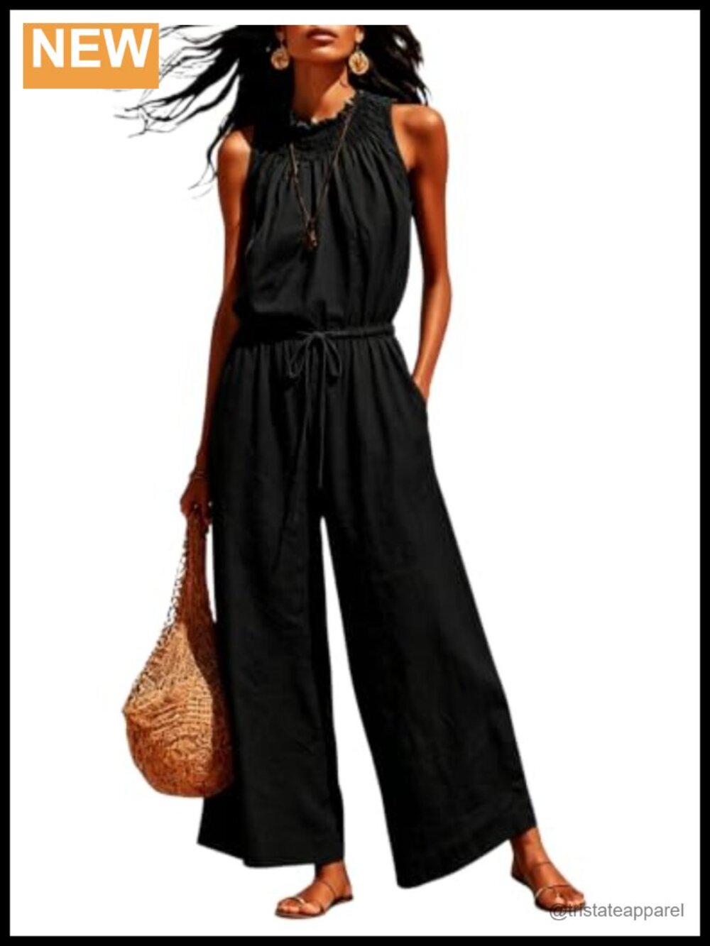 Sleeveless Linen Blend Overalls Wide Leg Jumpsuit Smocked Ruffle Collar